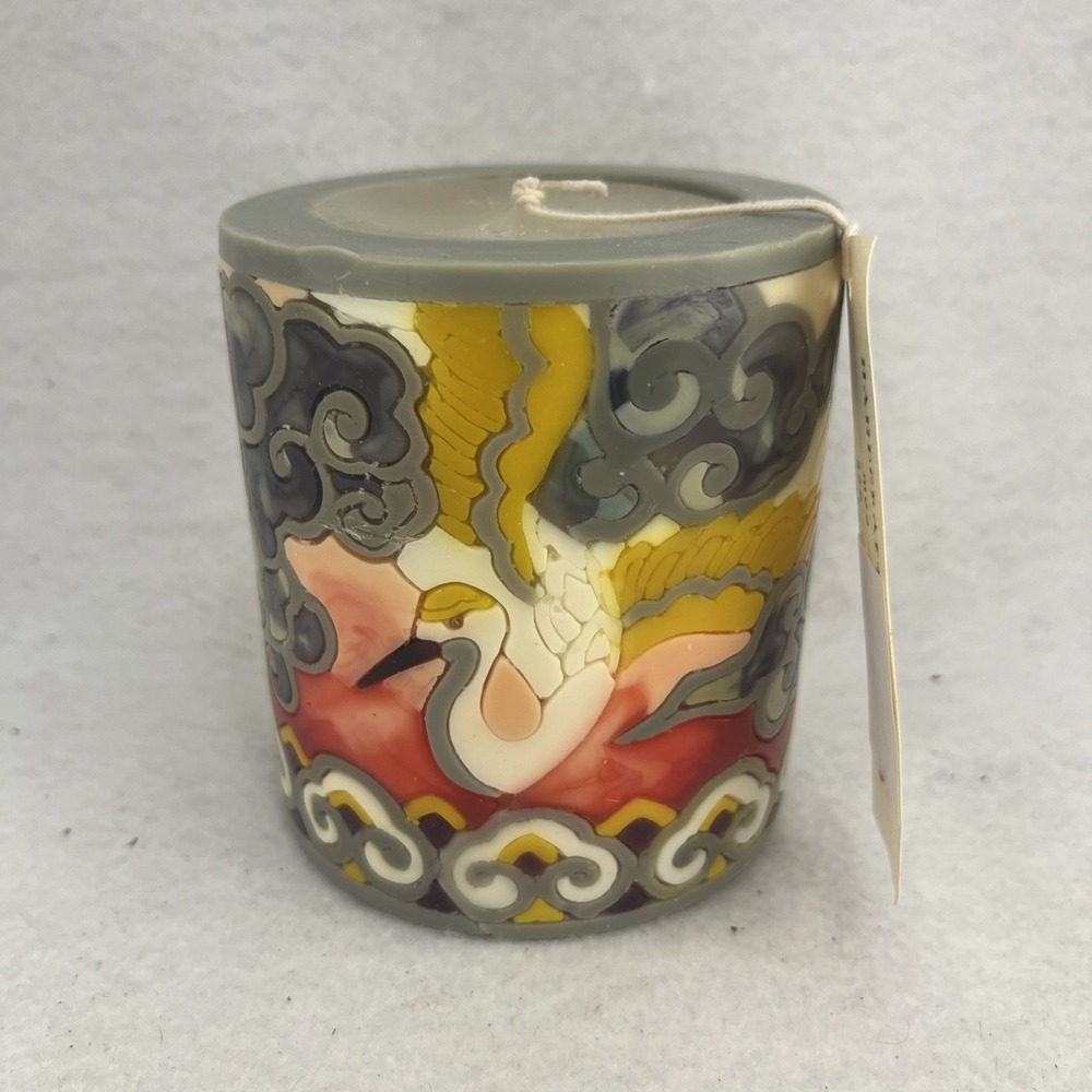 Moon Alley California, Handmade Crane & Swirls Pillar Candle-green, NEW 4"